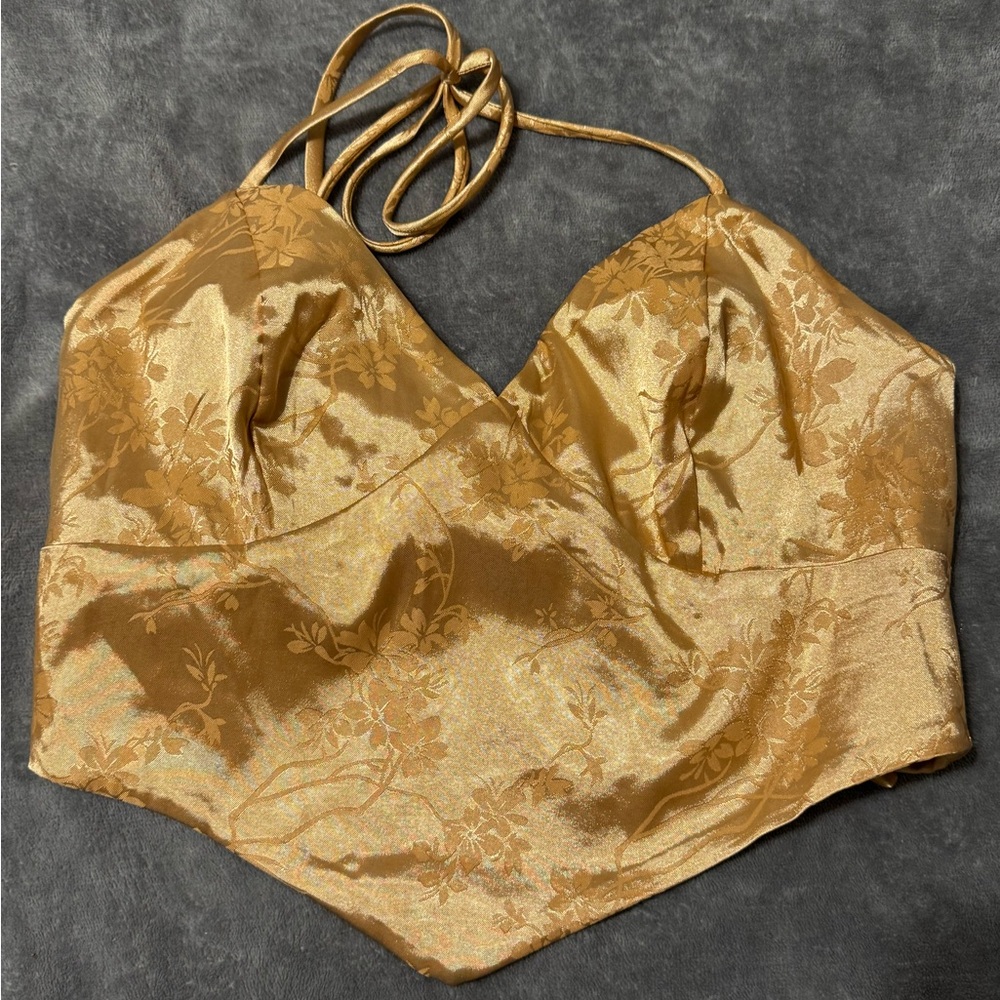 Gold Floral Satin Halter Top